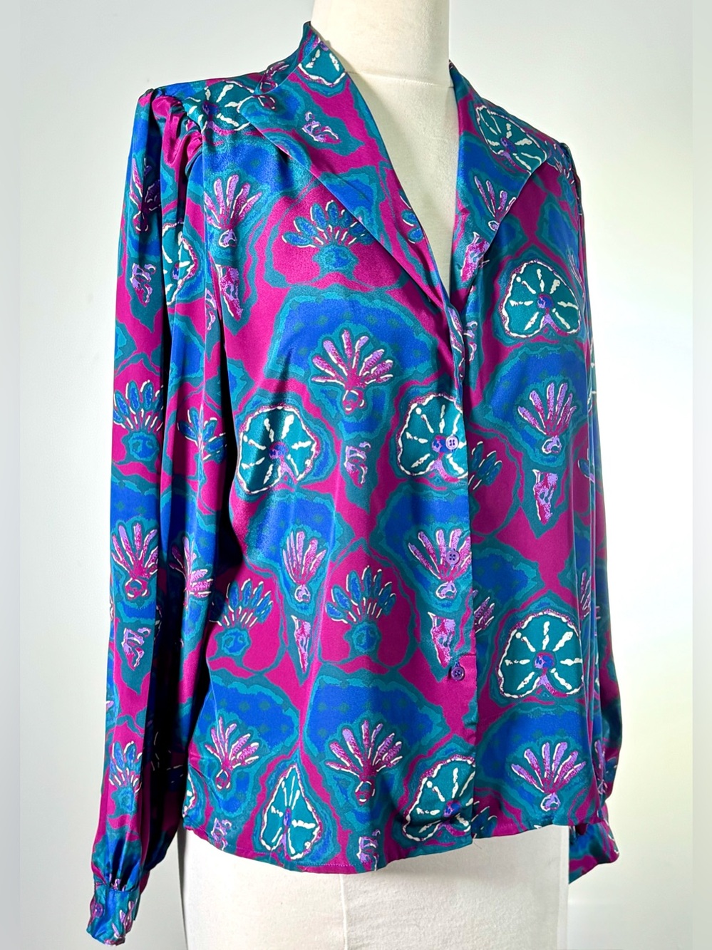 Vintage Jewel Tone Silky Blouse Convertible Split Collar 70s 80s